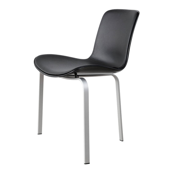 Sleek black chair with a smooth, curved seat design and silver metal legs, offering a modern minimalist aesthetic.
