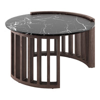 Round black marble table with white veining, featuring a wooden slatted base in rich brown tones. Elegant modern design.