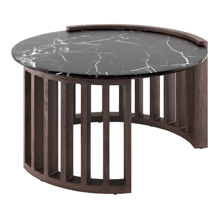 Round black marble table with white veining, featuring a wooden slatted base in rich brown tones. Elegant modern design.
