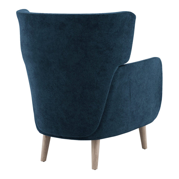 "Back view of a soft, dark blue upholstered chair with light wooden legs, featuring a smooth, solid color design."