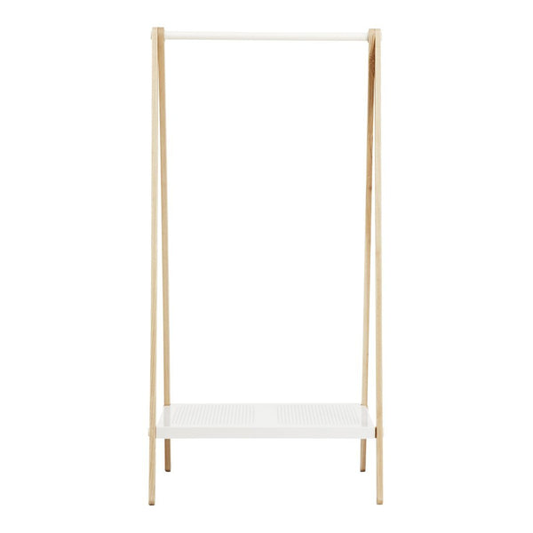 Minimalist white clothing rack with natural wood legs, showcasing a sleek, modern design. Perfect for organized spaces.