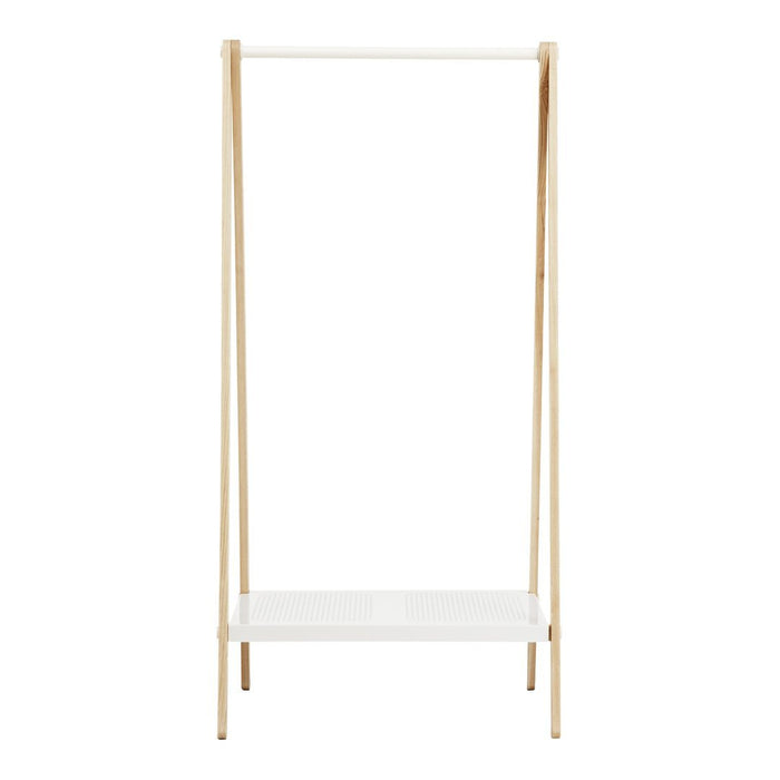 Minimalist white clothing rack with natural wood legs, showcasing a sleek, modern design. Perfect for organized spaces.