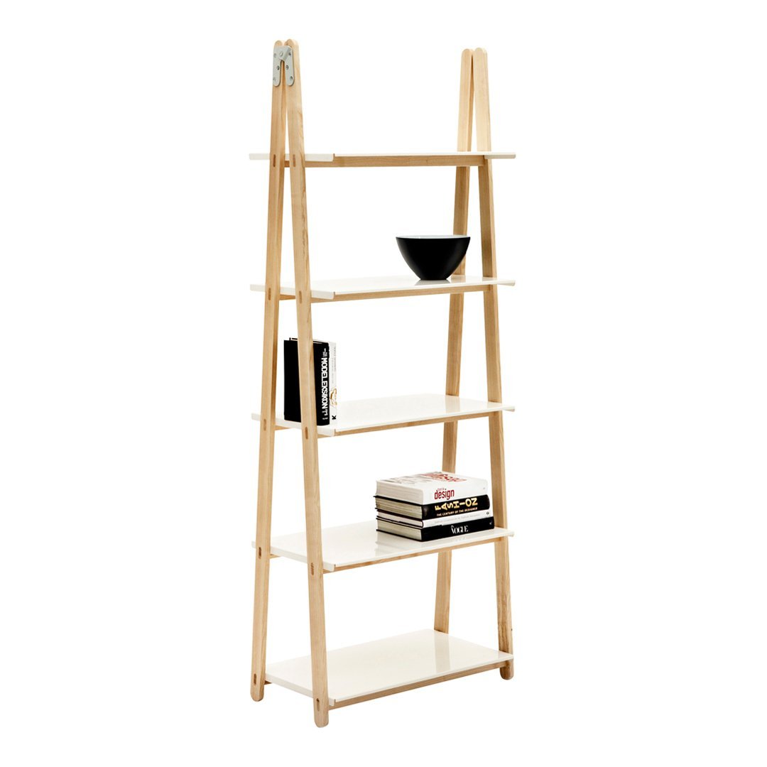 "Natural wood ladder shelf with white shelves, minimalist design, showcasing a blend of light and dark tones."