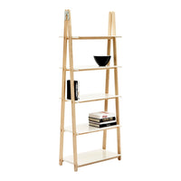 "Natural wood ladder shelf with white shelves, minimalist design, showcasing a blend of light and dark tones."