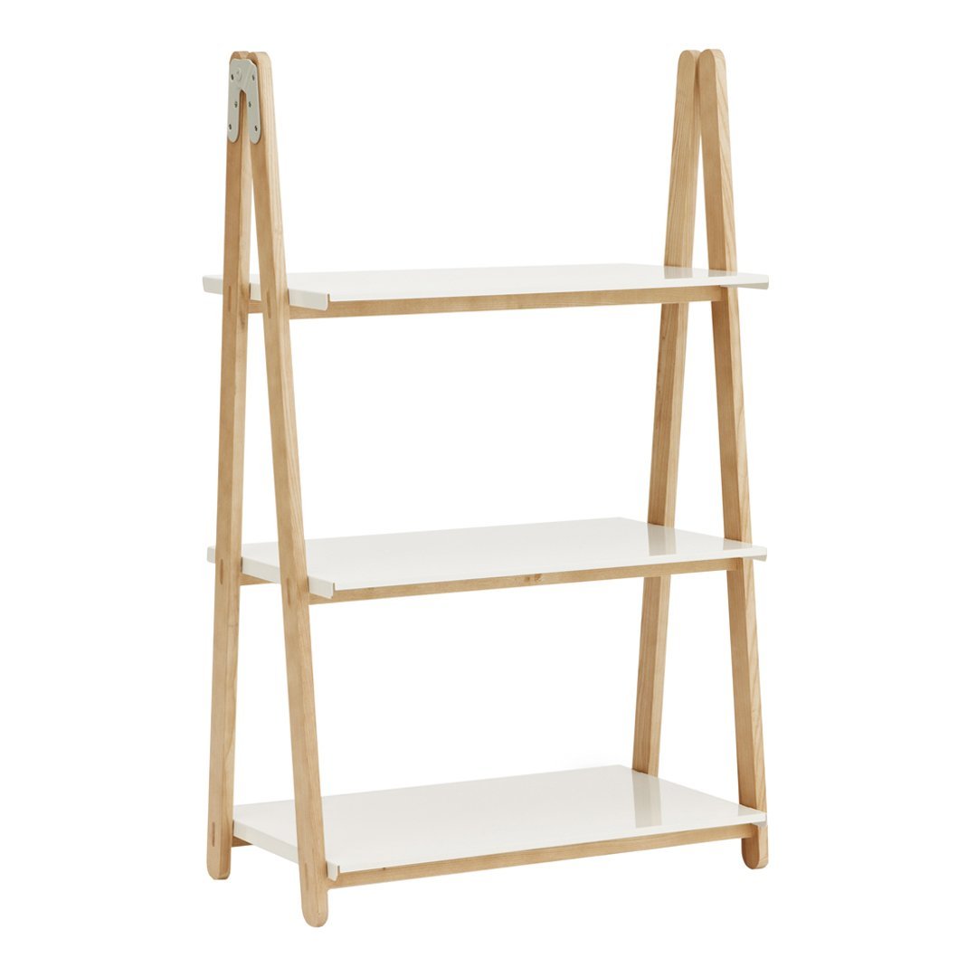 Wooden shelving unit with light natural wood color and white shelves; minimalistic and modern design.