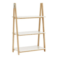 Wooden shelving unit with light natural wood color and white shelves; minimalistic and modern design.