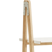 Wooden table leg with light natural finish and white tabletop, featuring a minimalist and modern design.
