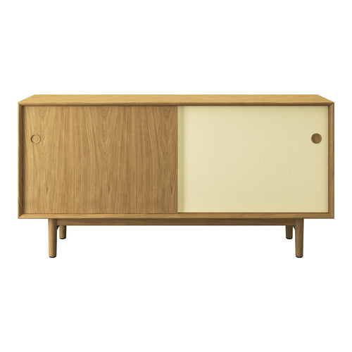 Wooden sideboard featuring a natural wood finish and cream panel, sleek design with minimalistic style.