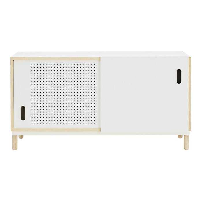 White wooden cabinet with perforated pattern and natural wood accents, featuring a minimalistic, modern design.