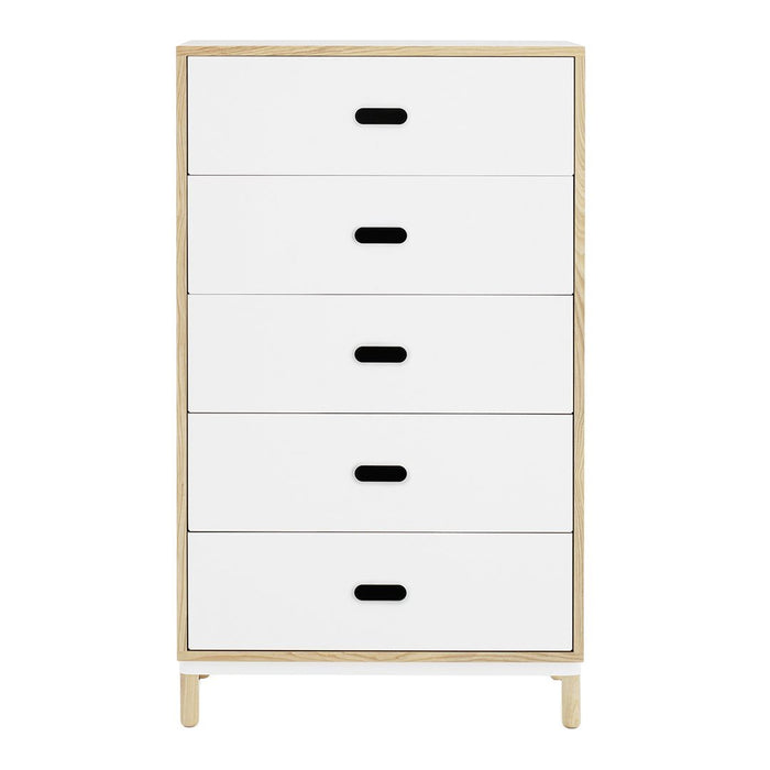White five-drawer dresser with black handles and a light wood frame, featuring a modern, minimalist design.