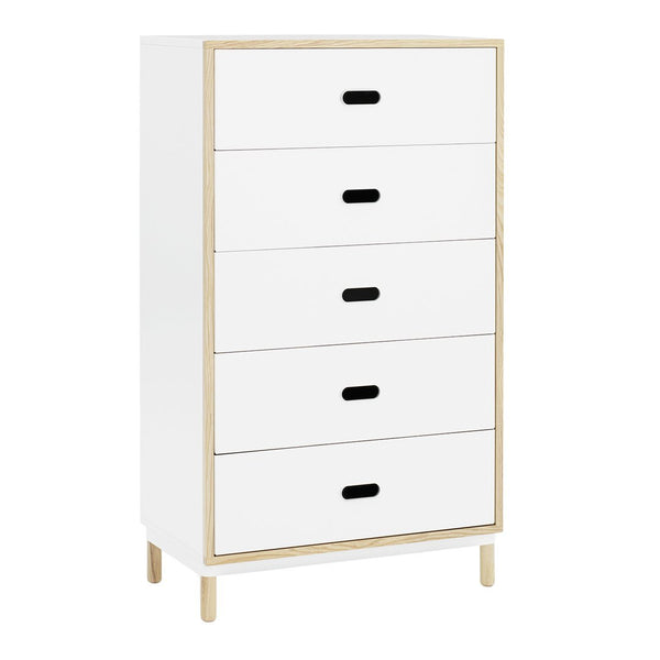 White chest of drawers with sleek black handles and wooden frame accents. Features five smooth, minimalist drawers.