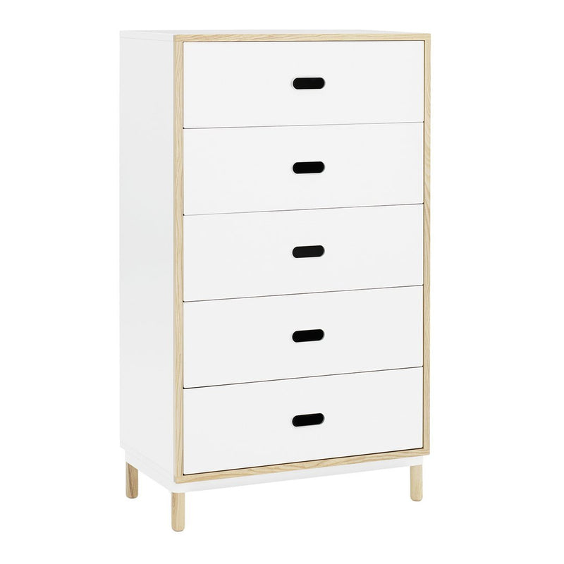 White chest of drawers with sleek black handles and wooden frame accents. Features five smooth, minimalist drawers.