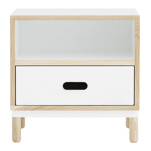 Scandinavian-style nightstand in white with natural wood accents and a sleek black drawer handle.