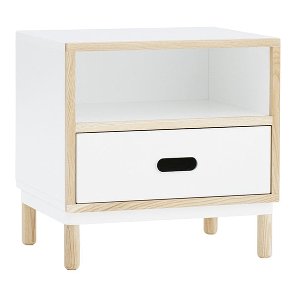 White nightstand with natural wood accents and a sleek drawer design. Modern and minimalist aesthetic.