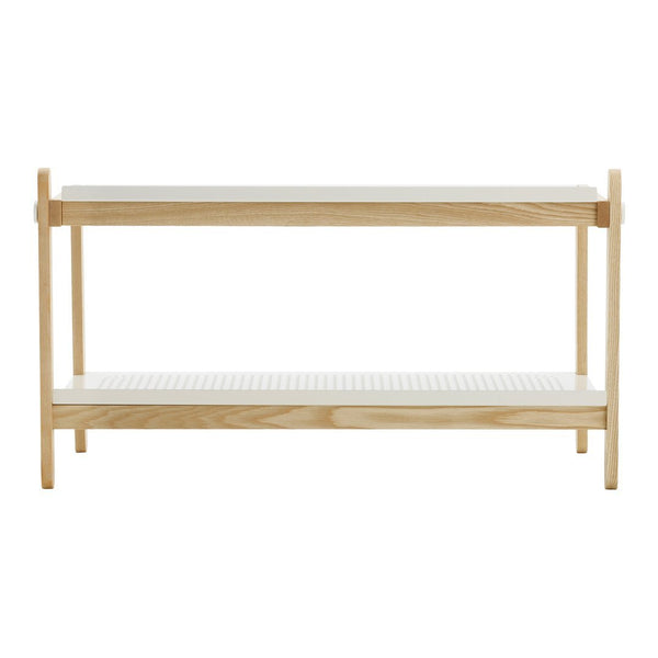 Light wood two-tiered shelf with a white slatted surface, showcasing a modern minimalist design.