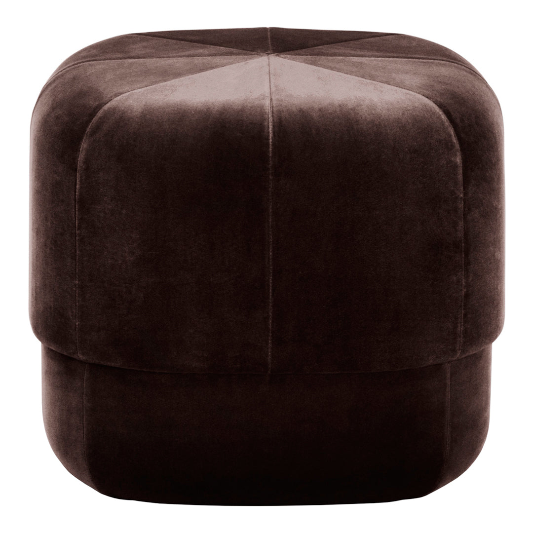 "Brown velvet ottoman with a geometric pattern and smooth, plush texture."
