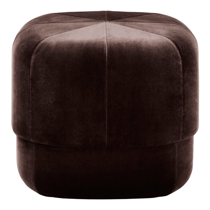 "Brown velvet ottoman with a geometric pattern and smooth, plush texture."