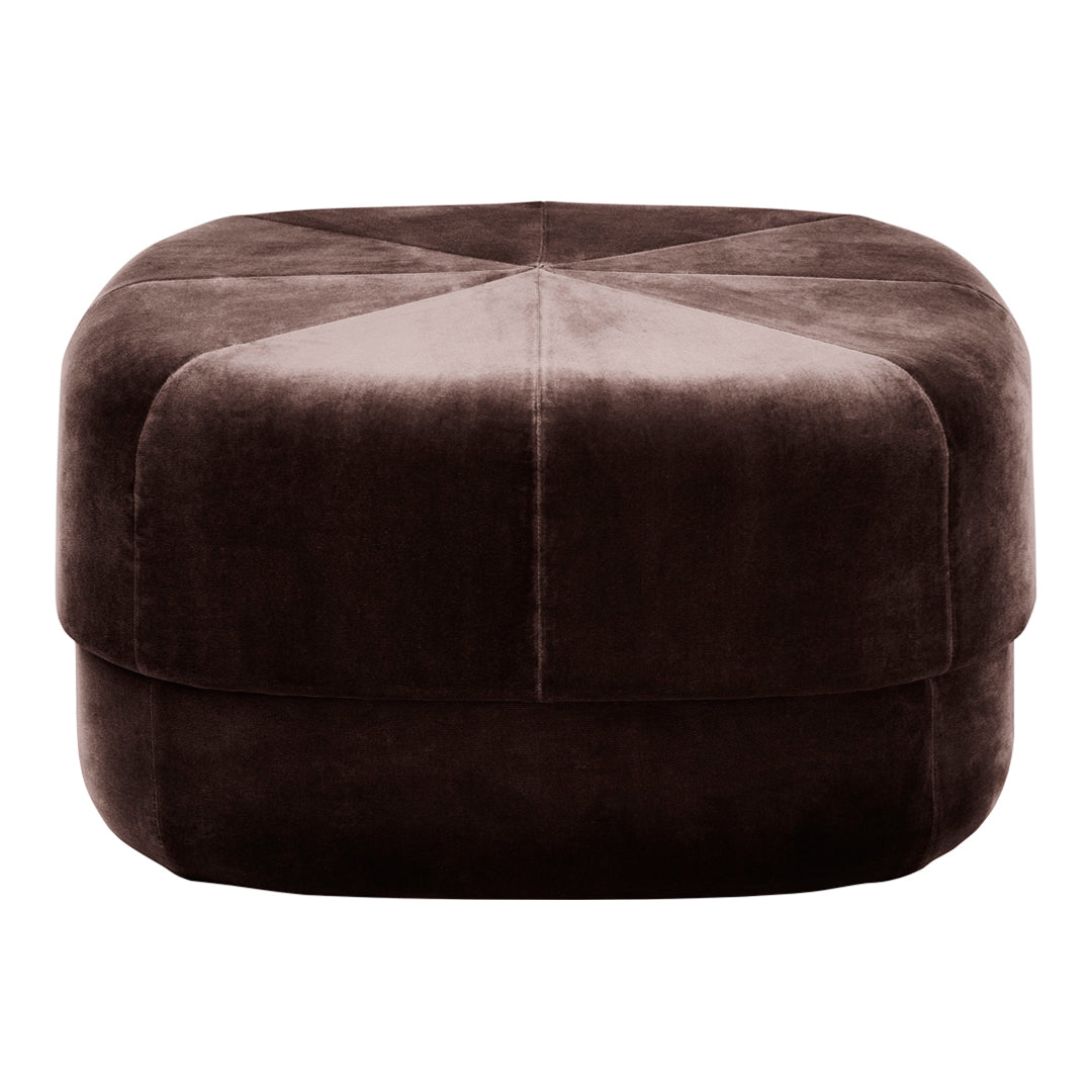 Brown velvet ottoman with a geometric stitched pattern and soft, plush texture. Ideal for stylish home decor.
