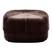 Brown velvet ottoman with a geometric stitched pattern and soft, plush texture. Ideal for stylish home decor.