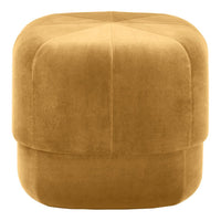 Soft golden yellow upholstered ottoman with a smooth, geometric design and subtle seam detailing.