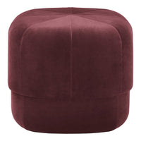 Burgundy velvet pouf with a seamless, geometric design for modern decor. Soft texture and rich color.
