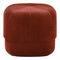 Rust-colored velvet pouf with a soft, geometric design and smooth finish. Ideal for modern home decor.