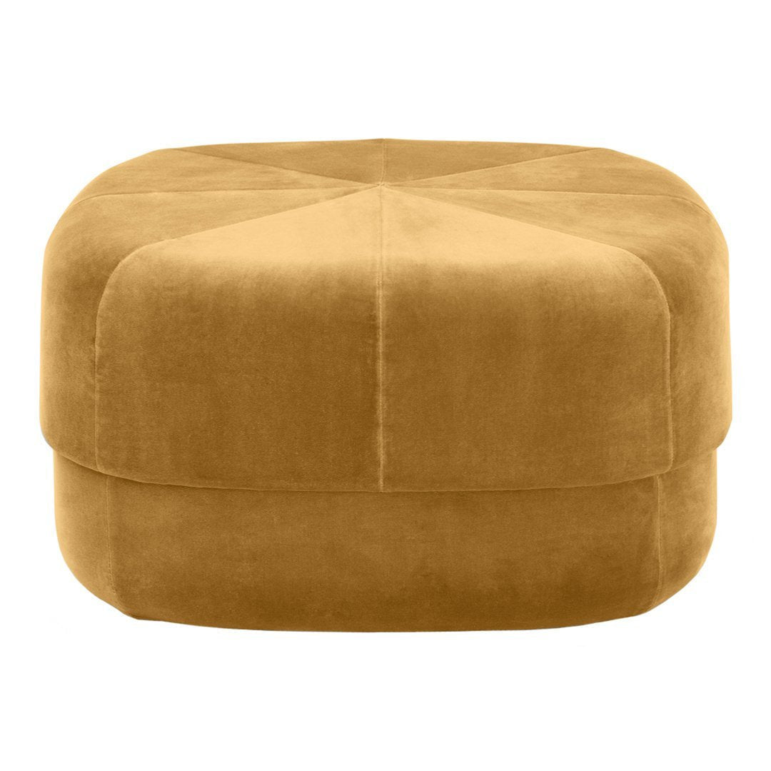 Golden yellow velvet pouf with a geometric quilted pattern, perfect for adding a touch of elegance to any space.