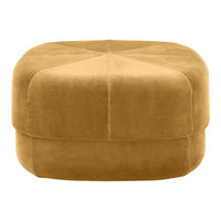 Golden yellow velvet pouf with a geometric quilted pattern, perfect for adding a touch of elegance to any space.