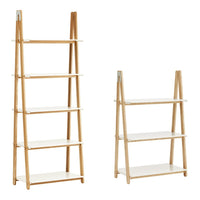Scandinavian-style wooden ladder shelf in natural wood tones with white shelves, featuring a minimalist design.