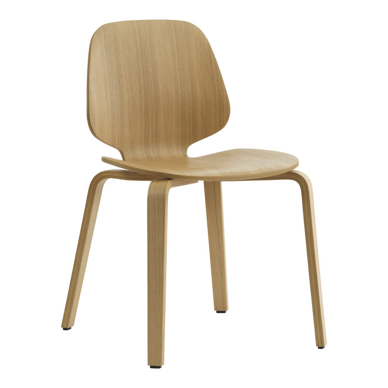 Natural wood chair with a smooth, light oak finish and minimalist design, featuring clean lines and curves.