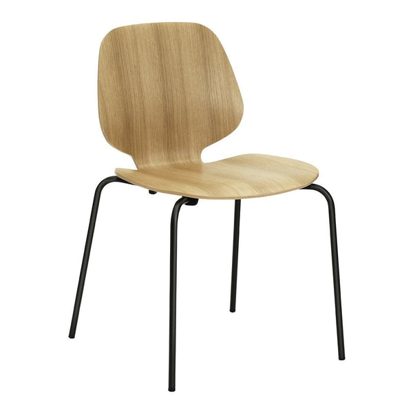 Light wood chair with a smooth, natural finish and sleek black metal legs. Simple and modern design.