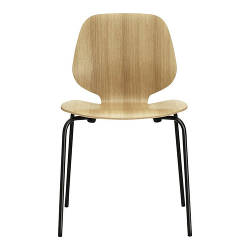 Natural wood grain chair with a smooth finish, featuring a minimalist design and black metal legs.