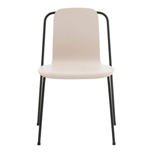 Minimalist beige chair with sleek black metal legs, showcasing a modern, monochromatic design. Perfect for any space.