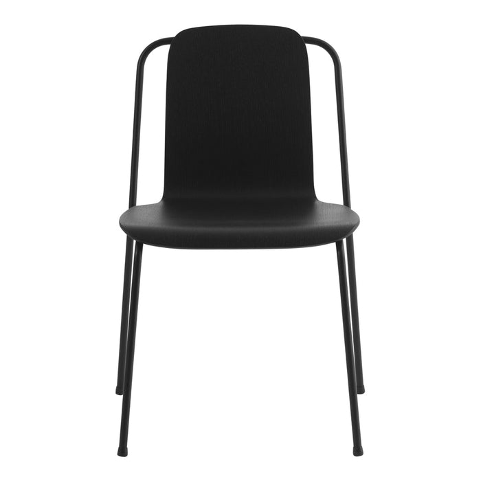 Black minimalist chair with smooth surface and sleek metal legs, perfect for modern decor. No patterns.