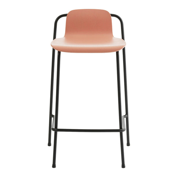 Pink plastic bar stool with black metal legs, featuring a minimalist design and smooth, sleek finish.