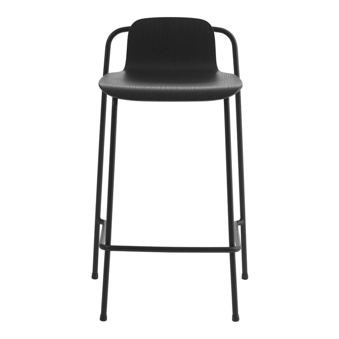 Black high stool with a sleek, minimalist design and a smooth matte finish. Simple lines and sturdy frame.