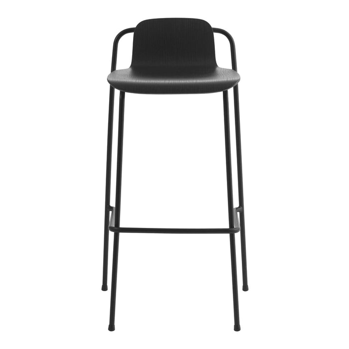 Black bar stool with a sleek matte finish and minimalist design, featuring a simple, modern style.