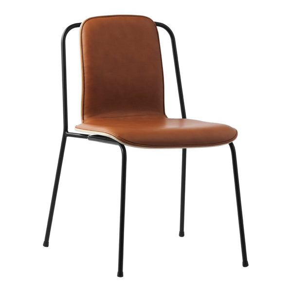 Brown upholstered chair with a sleek black metal frame, featuring a minimalist design and smooth surface finish.