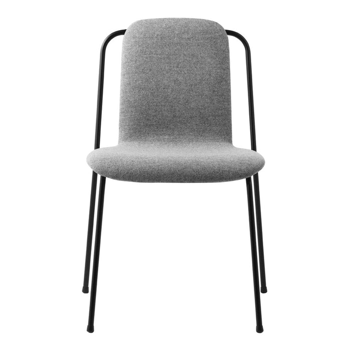 Gray upholstered chair with a smooth texture and minimalist black metal legs, perfect for modern interiors.