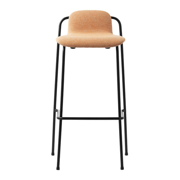 Tan upholstered bar stool with a sleek black metal frame, featuring a minimalist design. Perfect for modern spaces.