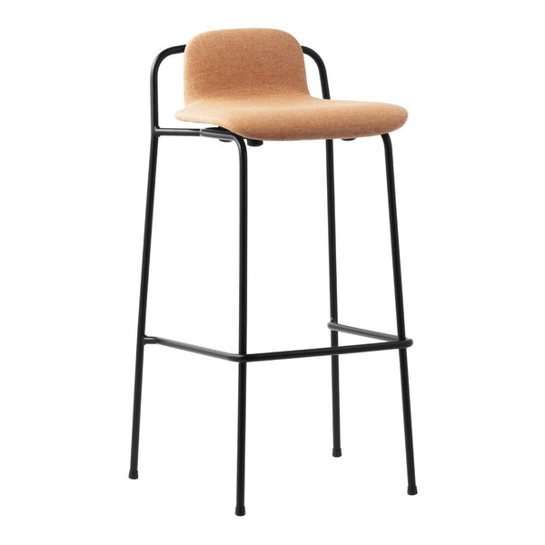 "Modern bar stool with a warm tan upholstery and sleek black metal frame, featuring a minimalist design."