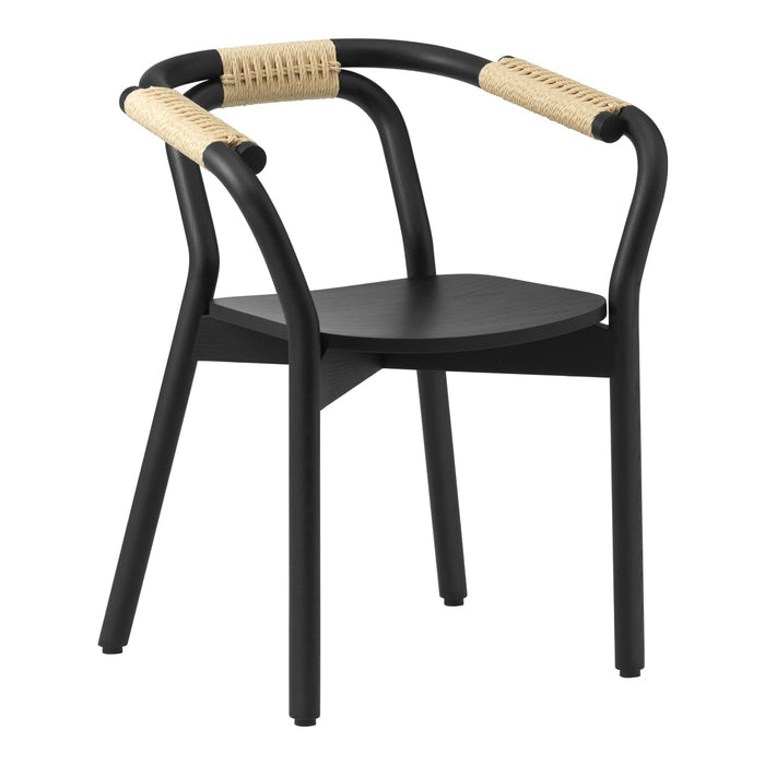 Black chair with unique woven beige armrests, blending modern and natural design elements.