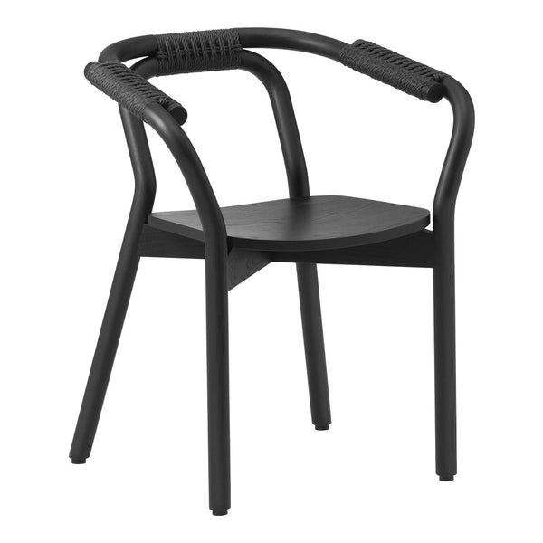 Black chair with sleek design and curved armrests, showcasing a minimalist pattern. Ideal for modern decor.