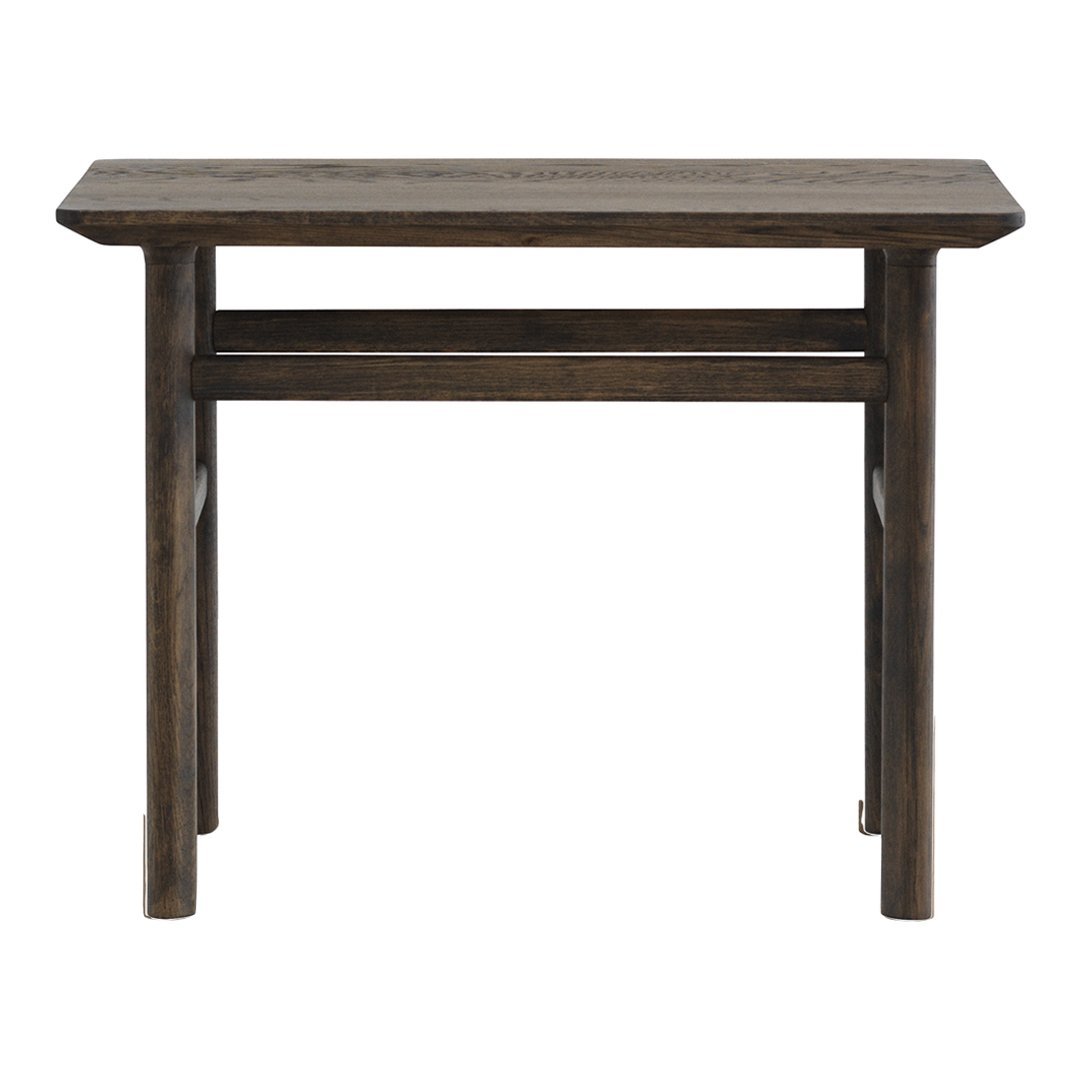 Dark wooden console table with a smooth surface and minimalistic design, showcasing natural wood grain patterns.