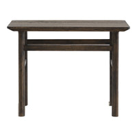Dark wooden console table with a smooth surface and minimalistic design, showcasing natural wood grain patterns.