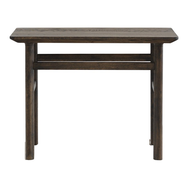 Dark wooden console table with a smooth surface and minimalistic design, showcasing natural wood grain patterns.