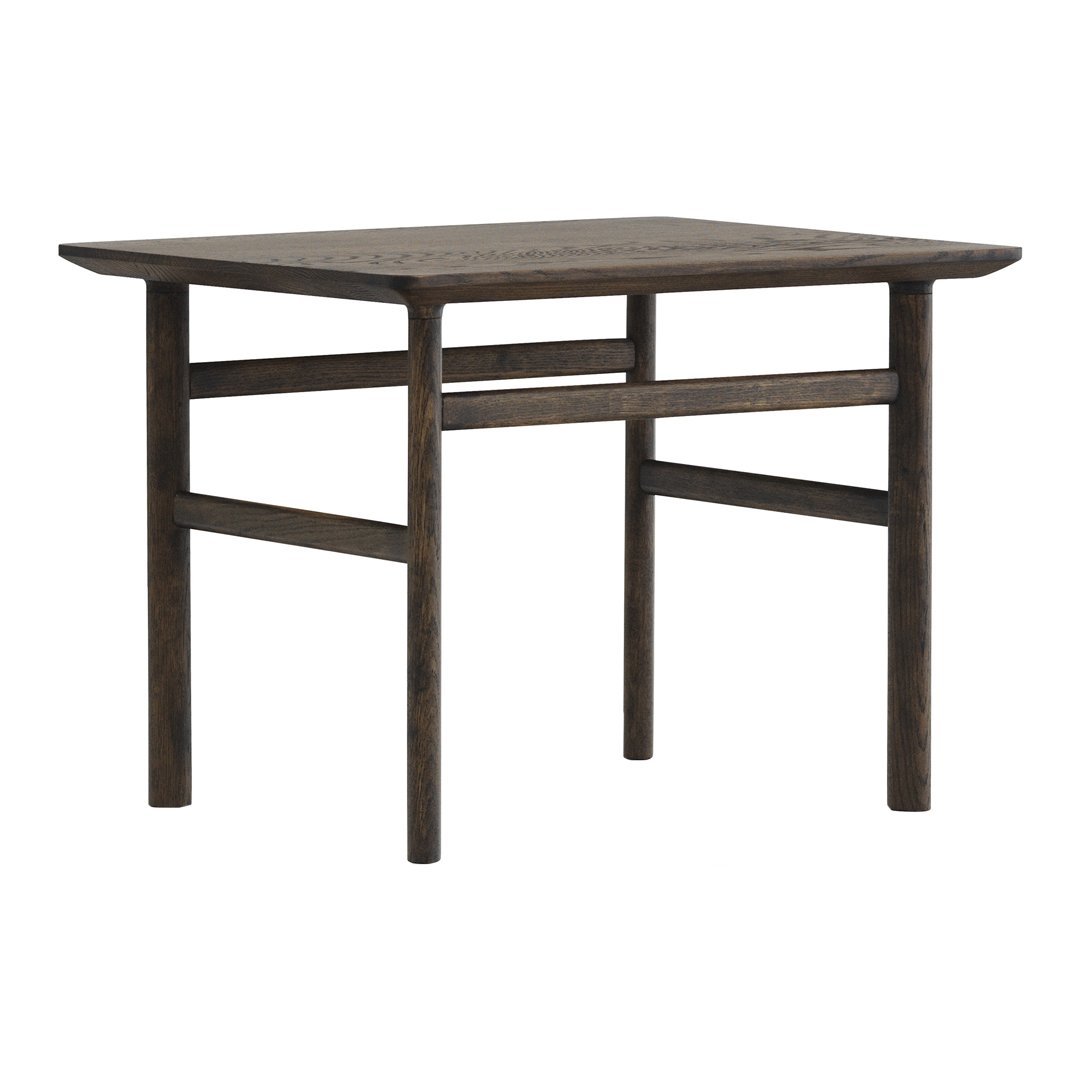Dark brown wooden table with a smooth surface and minimalist design, featuring clean lines and subtle grain patterns.