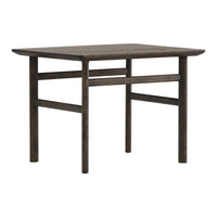 Dark brown wooden table with a smooth surface and minimalist design, featuring clean lines and subtle grain patterns.