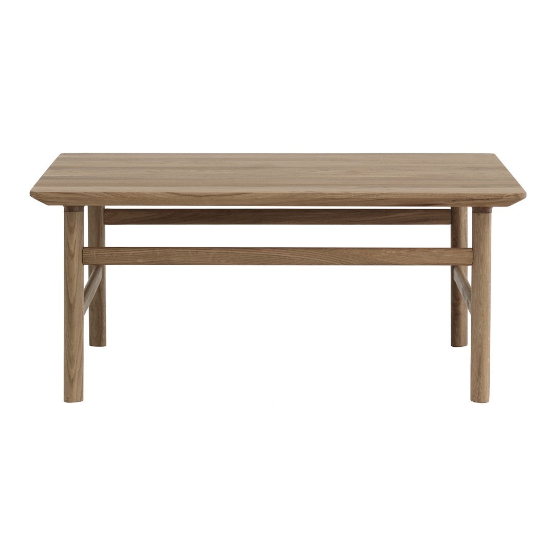 Natural wood coffee table with a light brown finish and a simple, modern design.