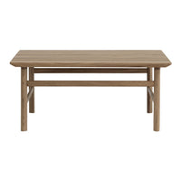 Natural wood coffee table with a light brown finish and a simple, modern design.